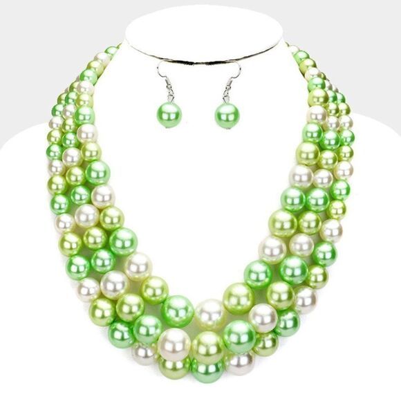 Green Pearl (faux) Two Tone Triple Strand Necklace & Earring Set - Picture 5 of 7